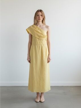 NWT Modesees One-Shoulder Yellow Linen Cotton Blend Dress Size Medium